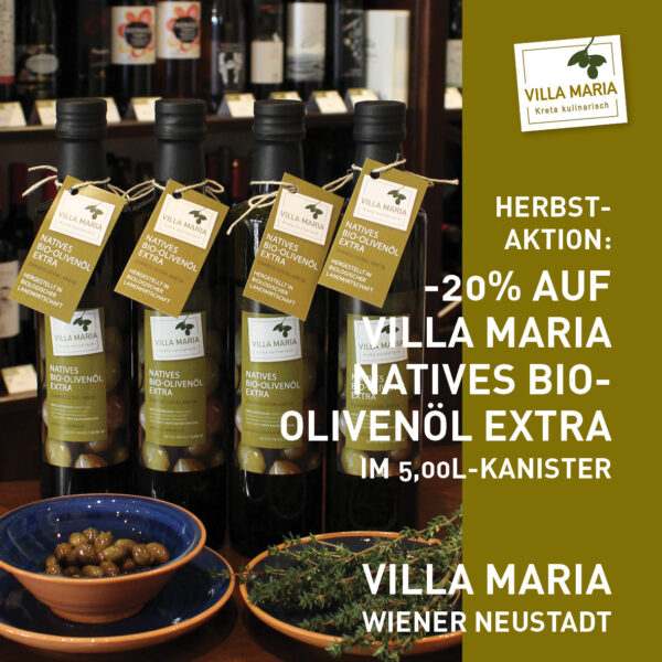 Herbst-Aktion: -20% auf Villa Maria – Natives Bio-Olivenöl Extra im 5,00-Liter-Kanister. *)