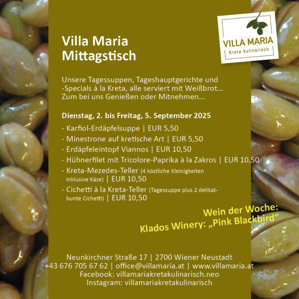 Diese Woche am Mittagstisch von Villa Maria | Kreta kulinarisch in Wiener Neustadt.