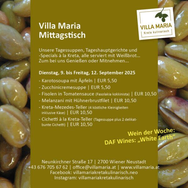 Diese Woche am Mittagstisch von Villa Maria | Kreta kulinarisch in Wiener Neustadt.