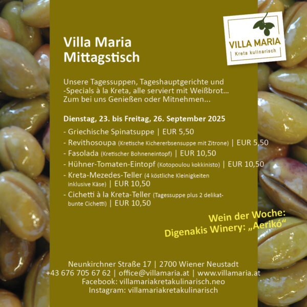 Diese Woche am Mittagstisch von Villa Maria | Kreta kulinarisch in Wiener Neustadt.
