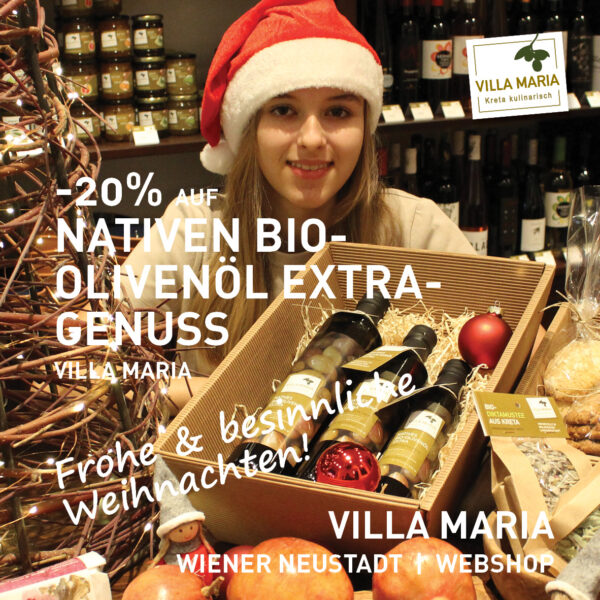 Frohe & besinnliche Weihnachten: -20% auf Villa Maria – Nativen Bio-Olivenöl Extra-Genuss (0,75-Liter-Flasche und 5,00-Liter-Kanister).  *)