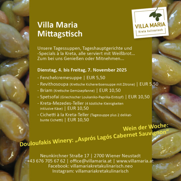 Diese Woche am Mittagstisch von Villa Maria | Kreta kulinarisch in Wiener Neustadt.