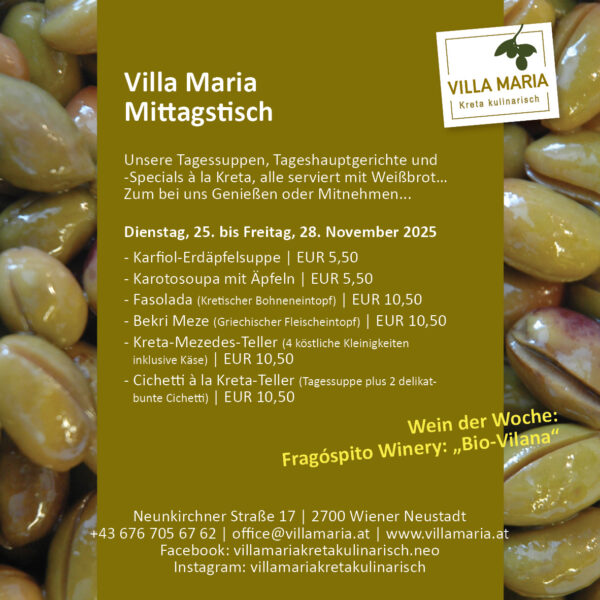 Diese Woche am Mittagstisch von Villa Maria | Kreta kulinarisch in Wiener Neustadt.
