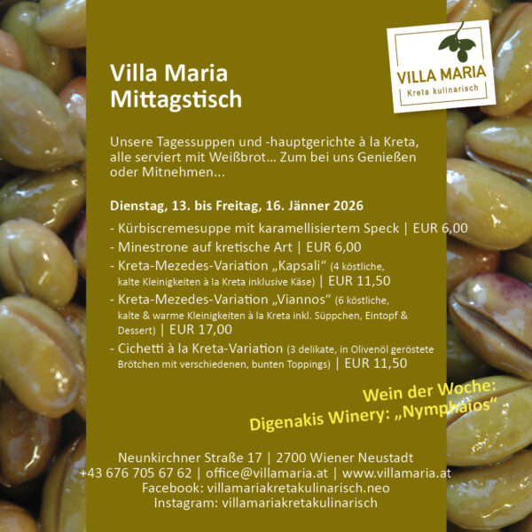 Diese Woche am Mittagstisch von Villa Maria | Kreta kulinarisch in Wiener Neustadt.