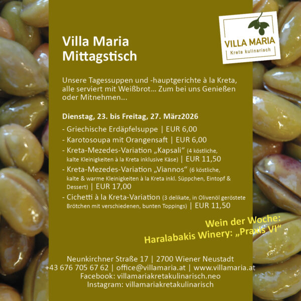 Diese Woche am Mittagstisch von Villa Maria | Kreta kulinarisch in Wiener Neustadt.